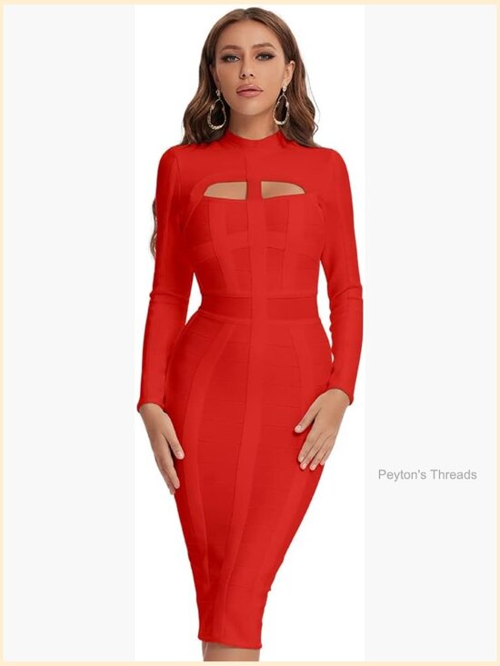 Dresses & Skirts - High Neck Long Sleeve Hollow Out Bandage Dress Bodycon Midi